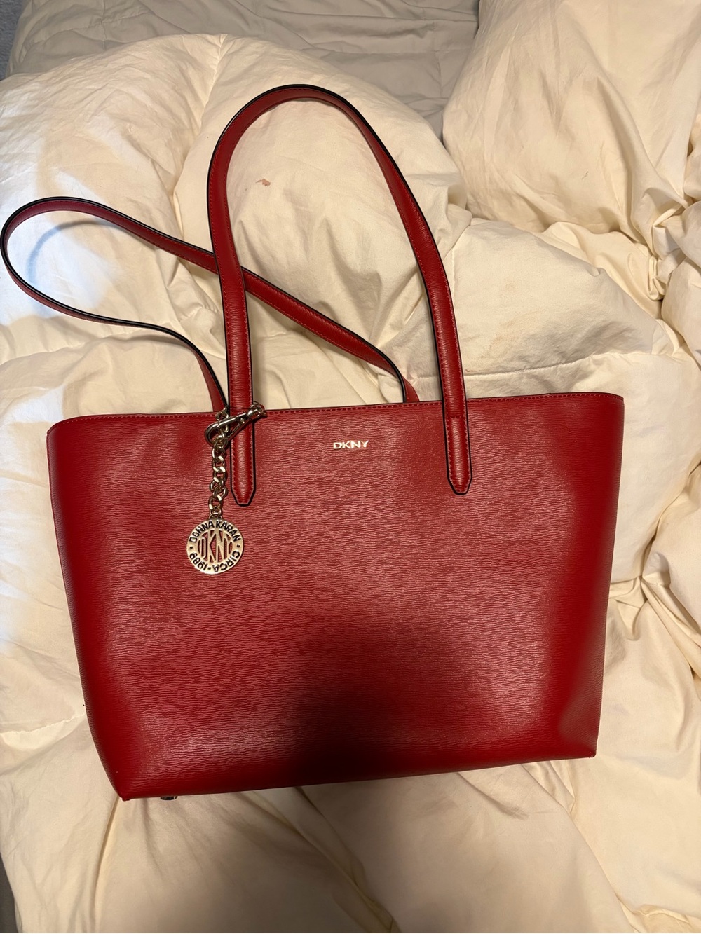 DKNY Red Leather Tote with Logo Medallion